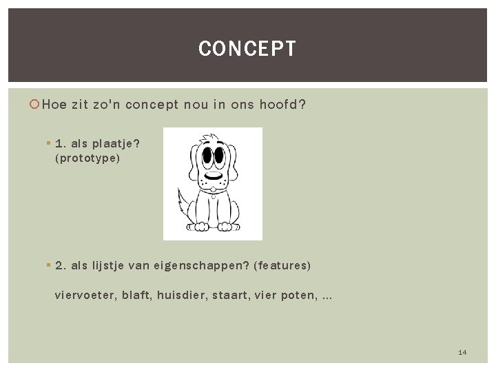 CONCEPT Hoe zit zo'n concept nou in ons hoofd? § 1. als plaatje? (prototype)
