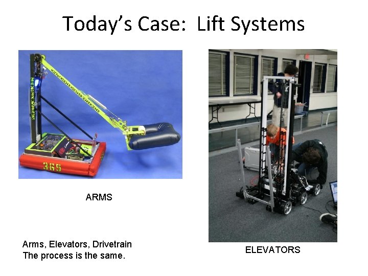 Today’s Case: Lift Systems ARMS Arms, Elevators, Drivetrain The process is the same. ELEVATORS