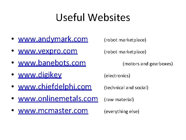 Useful Websites • • www. andymark. com www. vexpro. com www. banebots. com www.