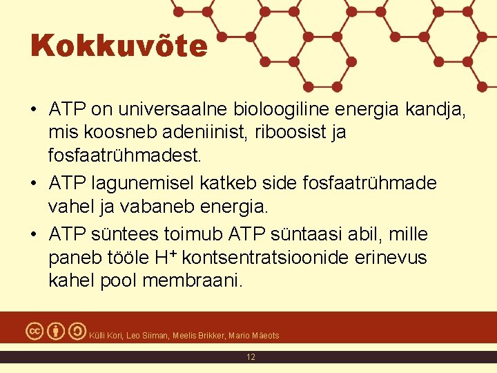 Kokkuvõte • ATP on universaalne bioloogiline energia kandja, mis koosneb adeniinist, riboosist ja fosfaatrühmadest.