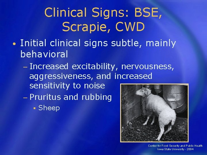 Clinical Signs: BSE, Scrapie, CWD • Initial clinical signs subtle, mainly behavioral − Increased