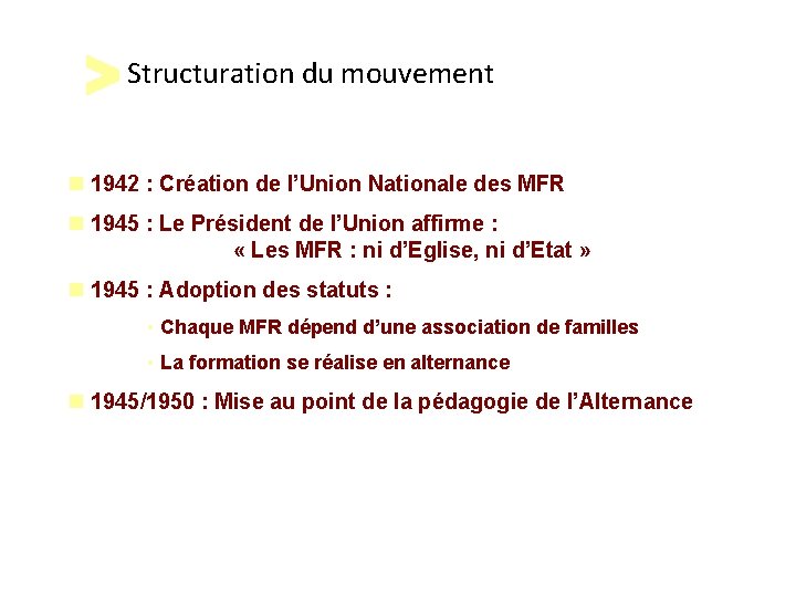 Structuration du mouvement n 1942 : Création de l’Union Nationale des MFR n 1945 Structuration du mouvement n 1942 : Création de l’Union Nationale des MFR n 1945
