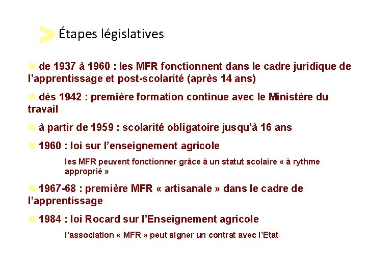 Étapes législatives n de 1937 à 1960 : les MFR fonctionnent dans le cadre Étapes législatives n de 1937 à 1960 : les MFR fonctionnent dans le cadre