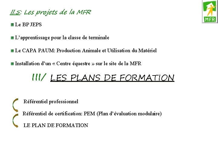 II. 5: Les projets de la MFR Le BP JEPS L’apprentissage pour la classe II. 5: Les projets de la MFR Le BP JEPS L’apprentissage pour la classe