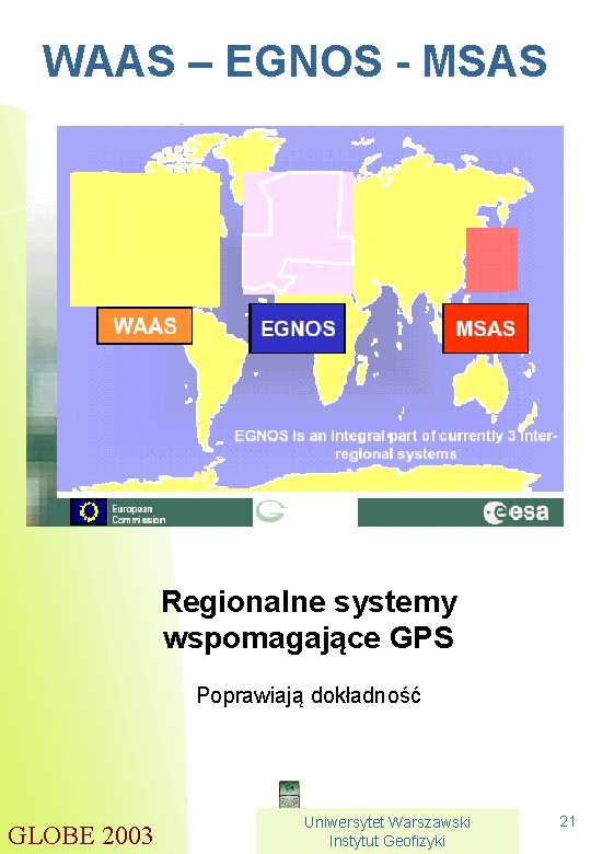 WAAS – EGNOS - MSAS Regionalne systemy wspomagające GPS Poprawiają dokładność GLOBE 2003 Uniwersytet