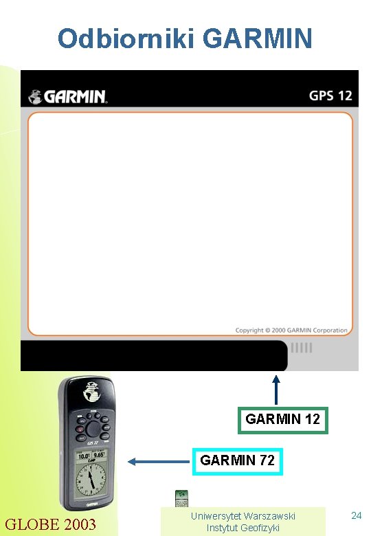 Odbiorniki GARMIN 12 GARMIN 72 GLOBE 2003 Uniwersytet Warszawski Instytut Geofizyki 24 