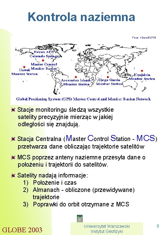 Kontrola naziemna Stacje monitoringu śledzą wszystkie satelity precyzyjnie mierząc w jakiej odległości się znajdują.