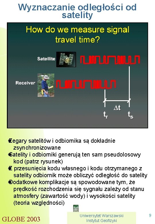 Wyznaczanie odległości od satelity Zegary satelitów i odbiornika są dokładnie zsynchronizowane Satelity i odbiorniki