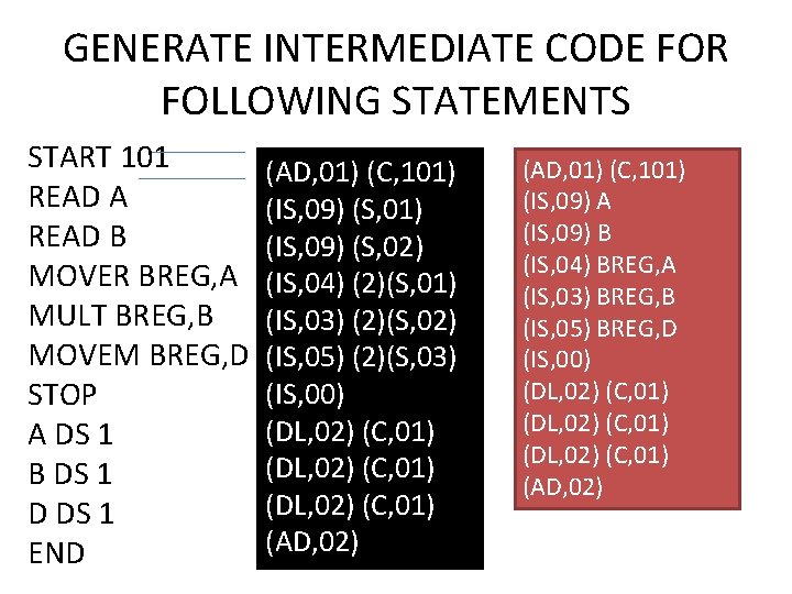 GENERATE INTERMEDIATE CODE FOR FOLLOWING STATEMENTS START 101 READ A READ B MOVER BREG,