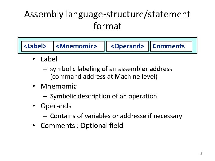 Assembly language-structure/statement format <Label> <Mnemomic> <Operand> Comments • Label – symbolic labeling of an
