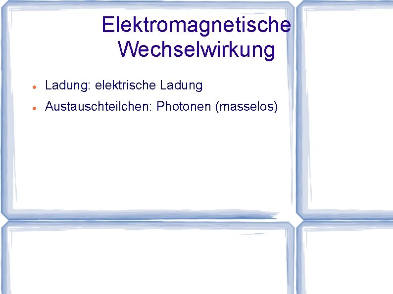 Elektromagnetische Wechselwirkung Ladung: elektrische Ladung Austauschteilchen: Photonen (masselos) 