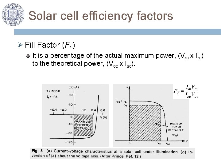 Solar cell efficiency factors Ø Fill Factor (FF) It is a percentage of the