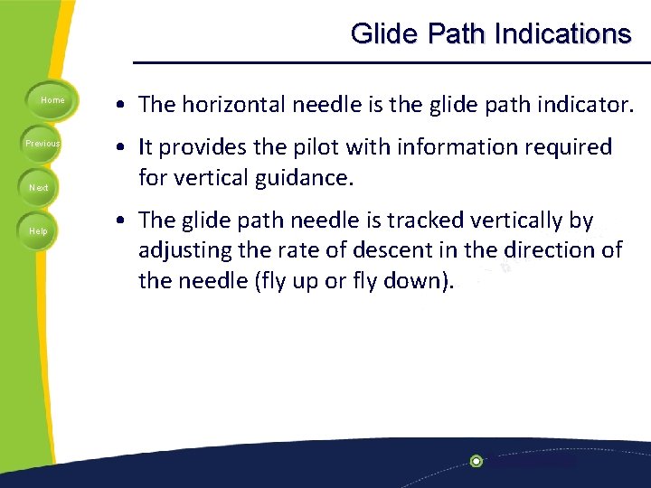 Glide Path Indications Home Previous Next Help • The horizontal needle is the glide