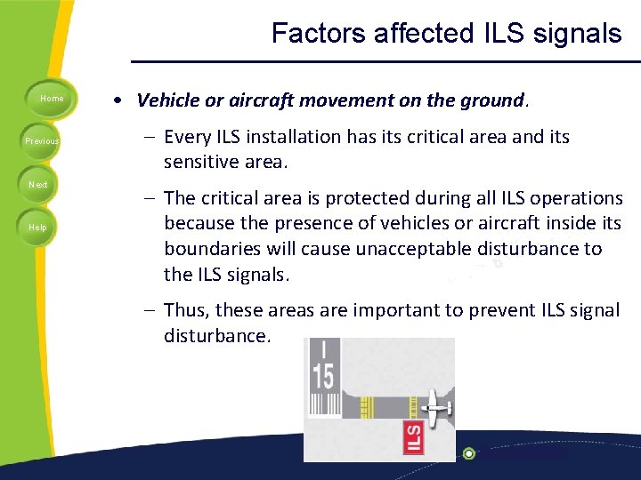 Factors affected ILS signals Home Previous Next Help • Vehicle or aircraft movement on