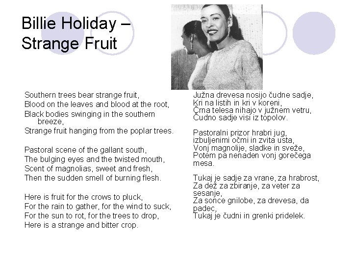 Billie Holiday – Strange Fruit Southern trees bear strange fruit, Blood on the leaves