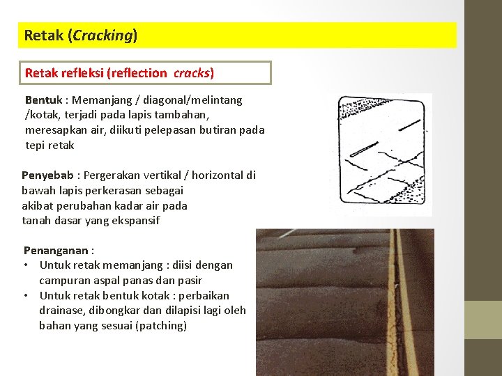 Retak (Cracking) Retak refleksi (reflection cracks) Bentuk : Memanjang / diagonal/melintang /kotak, terjadi pada