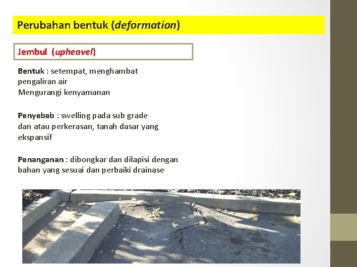 Perubahan bentuk (deformation) Jembul (upheavel) Bentuk : setempat, menghambat pengaliran air Mengurangi kenyamanan Penyebab