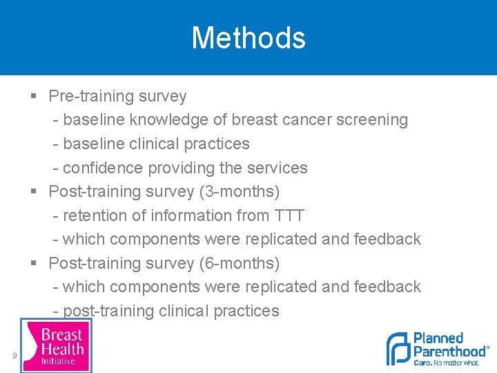 Methods § Pre-training survey - baseline knowledge of breast cancer screening - baseline clinical