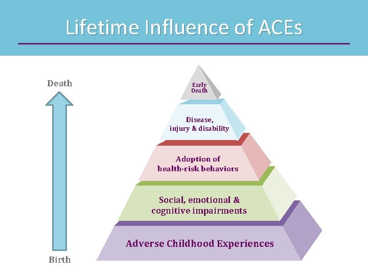 Lifetime Influence of ACEs Death Early Death Disease, injury & disability Adoption of health-risk
