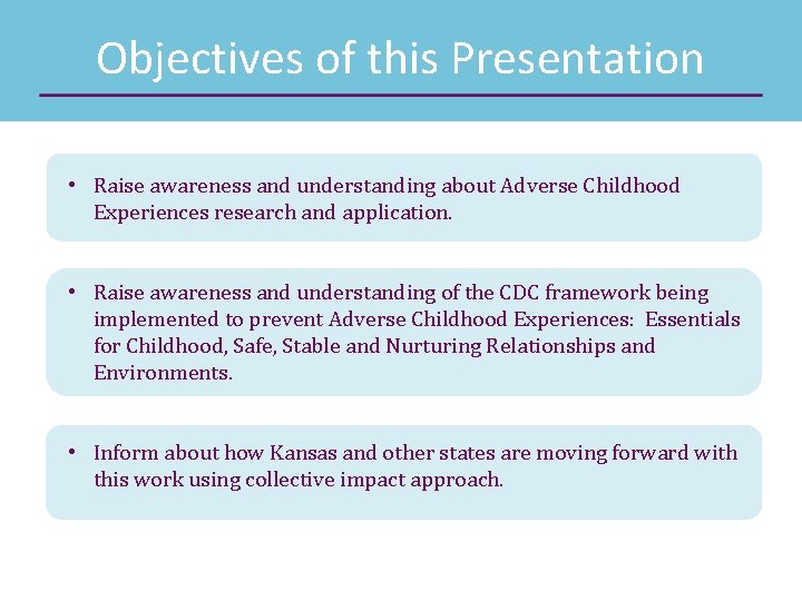 Objectives of this Presentation • Raise awareness and understanding about Adverse Childhood Experiences research