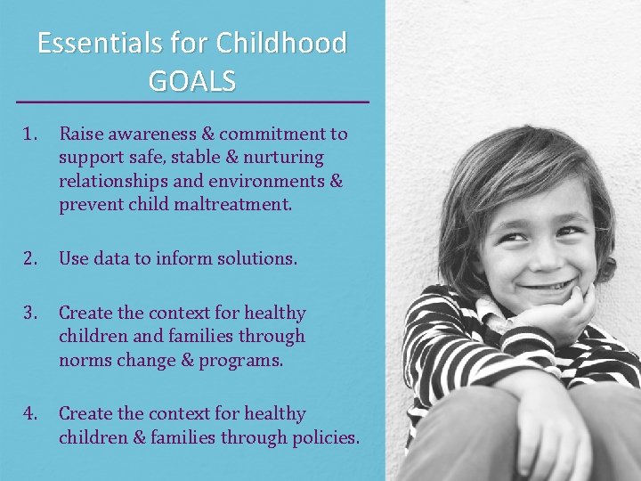 Essentials for Childhood GOALS 1. Raise awareness & commitment to support safe, stable &