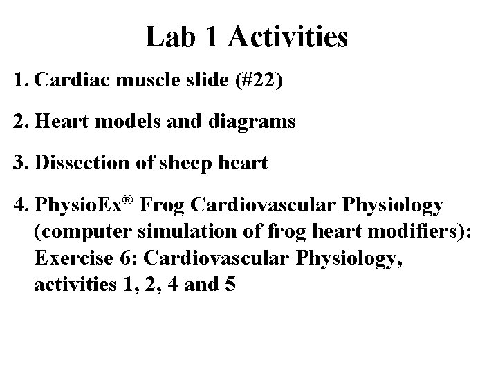 Lab 1 Activities 1. Cardiac muscle slide (#22) 2. Heart models and diagrams 3.