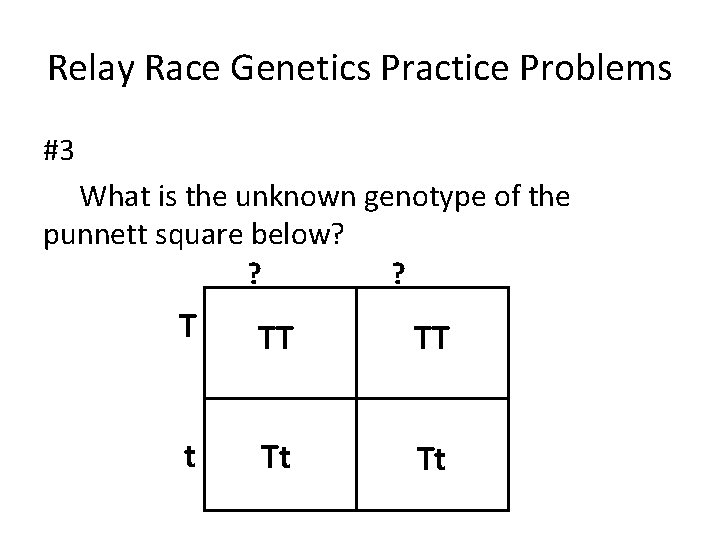 Relay Race Genetics Practice Problems #3 What is the unknown genotype of the punnett