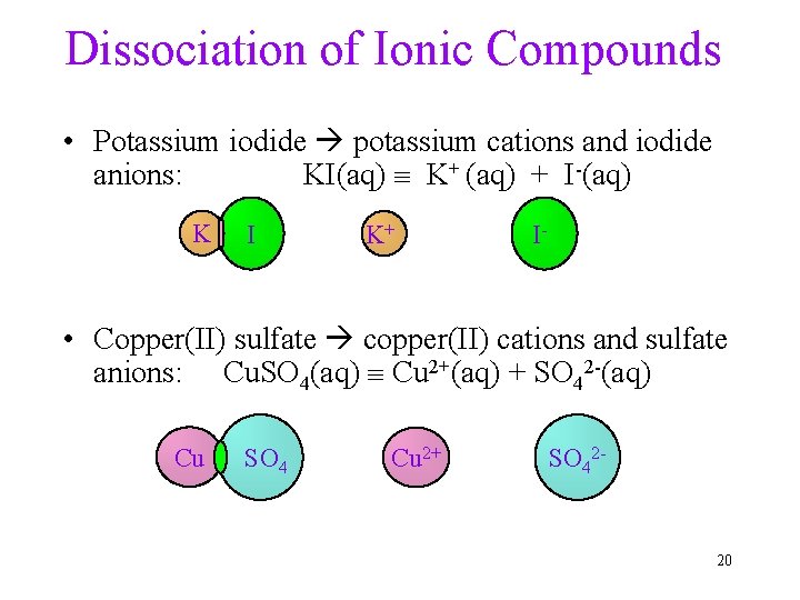 Dissociation of Ionic Compounds • Potassium iodide potassium cations and iodide anions: KI(aq) K+