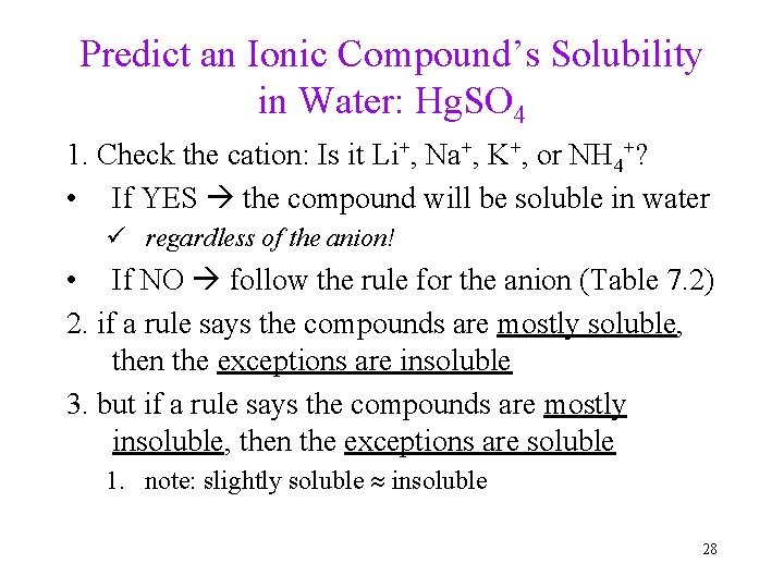 Predict an Ionic Compound’s Solubility in Water: Hg. SO 4 1. Check the cation: