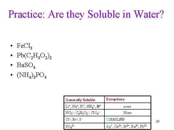 Practice: Are they Soluble in Water? • • Fe. Cl 3 Pb(C 2 H
