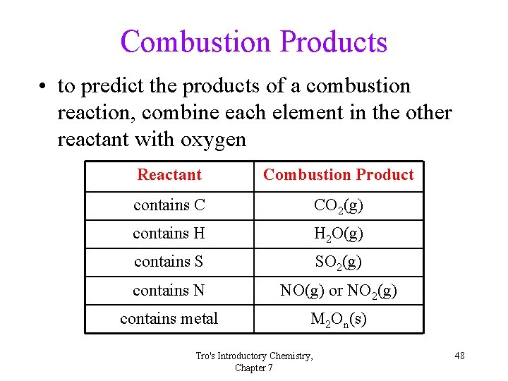 Combustion Products • to predict the products of a combustion reaction, combine each element