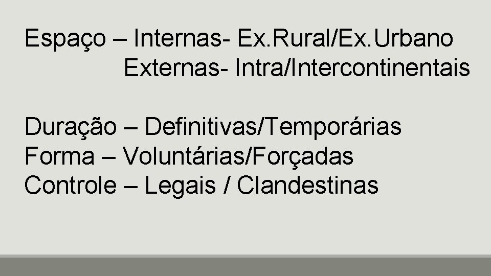 Espaço – Internas- Ex. Rural/Ex. Urbano Externas- Intra/Intercontinentais Duração – Definitivas/Temporárias Forma – Voluntárias/Forçadas