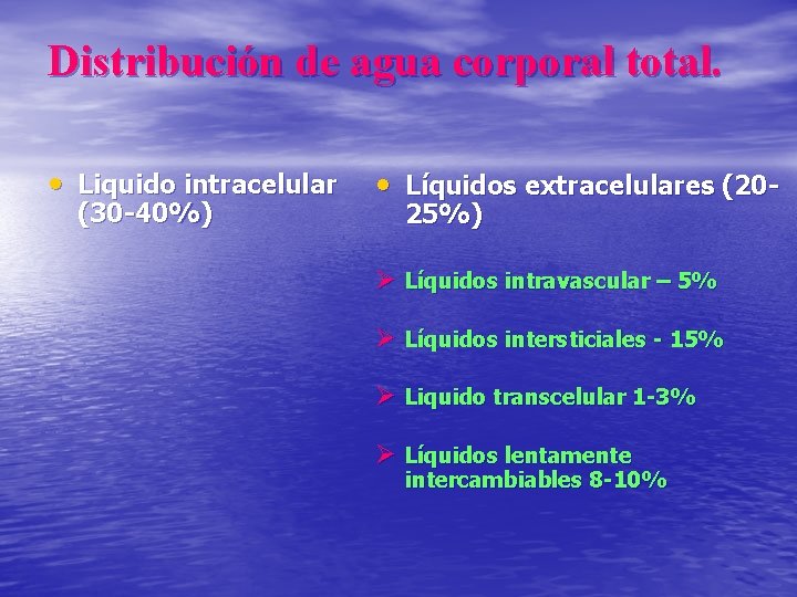 Distribución de agua corporal total. • Liquido intracelular (30 -40%) • Líquidos extracelulares (2025%)