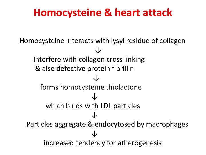 Homocysteine & heart attack Homocysteine interacts with lysyl residue of collagen ↓ Interfere with Homocysteine & heart attack Homocysteine interacts with lysyl residue of collagen ↓ Interfere with