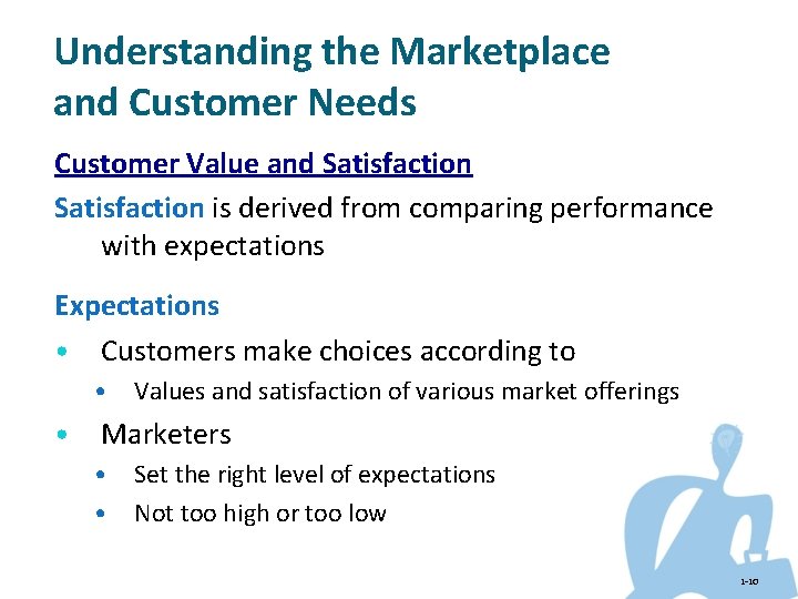 Understanding the Marketplace and Customer Needs Customer Value and Satisfaction is derived from comparing