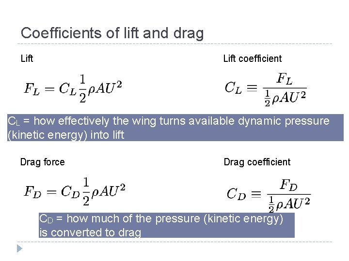 Coefficients of lift and drag Lift coefficient CL = how effectively the wing turns Coefficients of lift and drag Lift coefficient CL = how effectively the wing turns