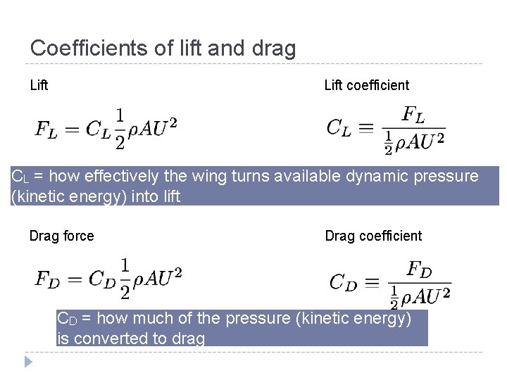 Coefficients of lift and drag Lift coefficient CL = how effectively the wing turns