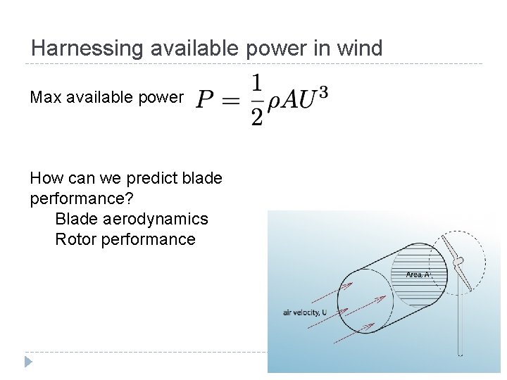 Harnessing available power in wind Max available power How can we predict blade performance? Harnessing available power in wind Max available power How can we predict blade performance?