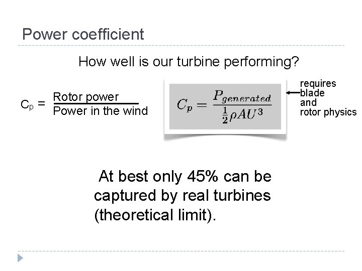 Power coefficient How well is our turbine performing? Rotor power Cp = Power in