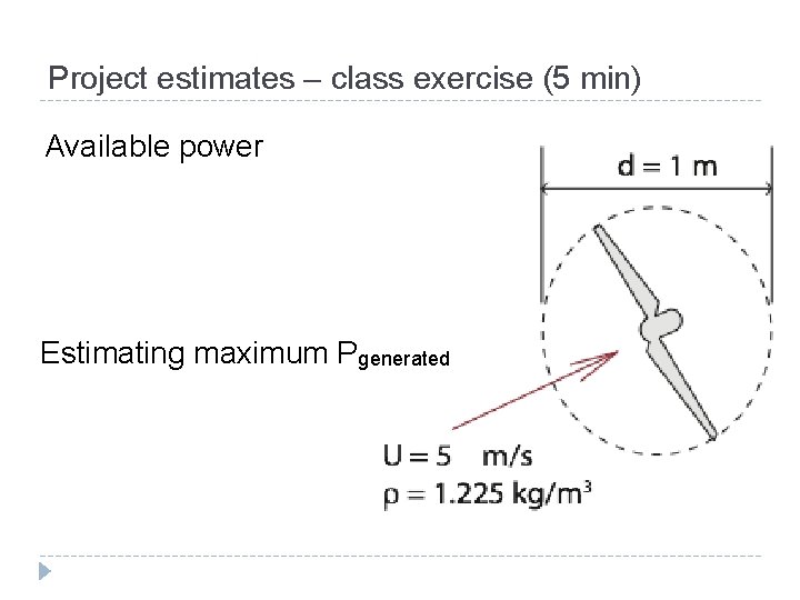 Project estimates – class exercise (5 min) Available power Estimating maximum Pgenerated Project estimates – class exercise (5 min) Available power Estimating maximum Pgenerated