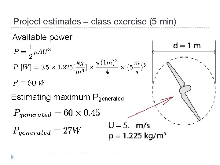 Project estimates – class exercise (5 min) Available power P = 60 W Estimating Project estimates – class exercise (5 min) Available power P = 60 W Estimating