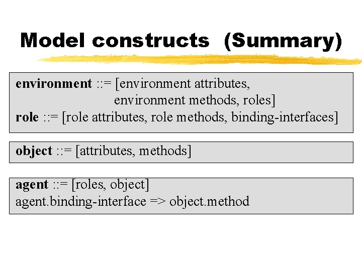 Model constructs (Summary) environment : : = [environment attributes, environment methods, roles] role :