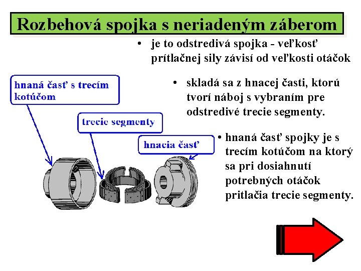 Rozbehová spojka s neriadeným záberom • je to odstredivá spojka - veľkosť prítlačnej sily