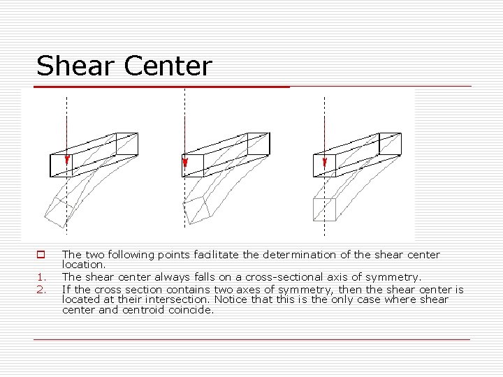 Shear Center o 1. 2. The two following points facilitate the determination of the