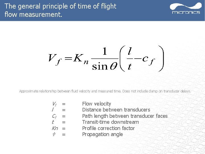 The general principle of time of flight flow measurement. Approximate relationship between fluid velocity