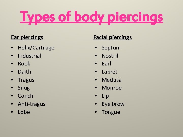 Types of body piercings Ear piercings • • • Helix/Cartilage Industrial Rook Daith Tragus