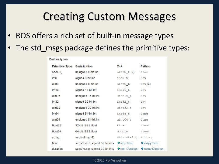 Creating Custom Messages • ROS offers a rich set of built-in message types •