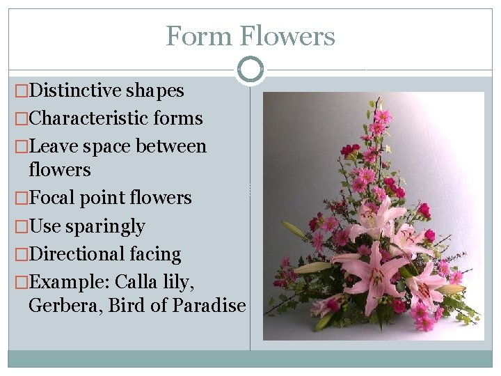 Form Flowers �Distinctive shapes �Characteristic forms �Leave space between flowers �Focal point flowers �Use