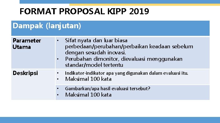 FORMAT PROPOSAL KIPP 2019 Dampak (lanjutan) Parameter Utama • • Sifat nyata dan luar