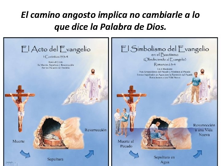 El camino angosto implica no cambiarle a lo que dice la Palabra de Dios. El camino angosto implica no cambiarle a lo que dice la Palabra de Dios.